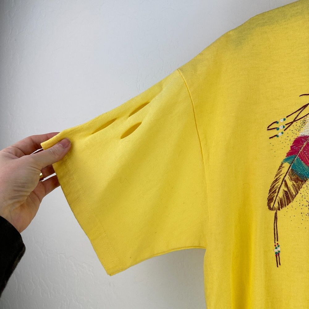 Vtg Brooks Top‎ Womens M Yellow Crop Feather Fringe Beaded Boho Distressed - Picture 3 of 7
